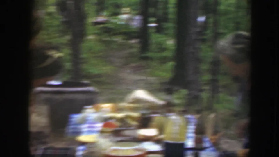 Soft, blurred 8mm frame of a picnic table set with dishes, bottles, and a thermos in a wooded Massachusetts park.