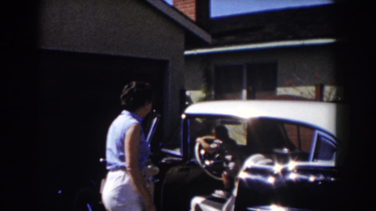 Woman in a blue sleeveless top stands beside an open car door in a sunny driveway.