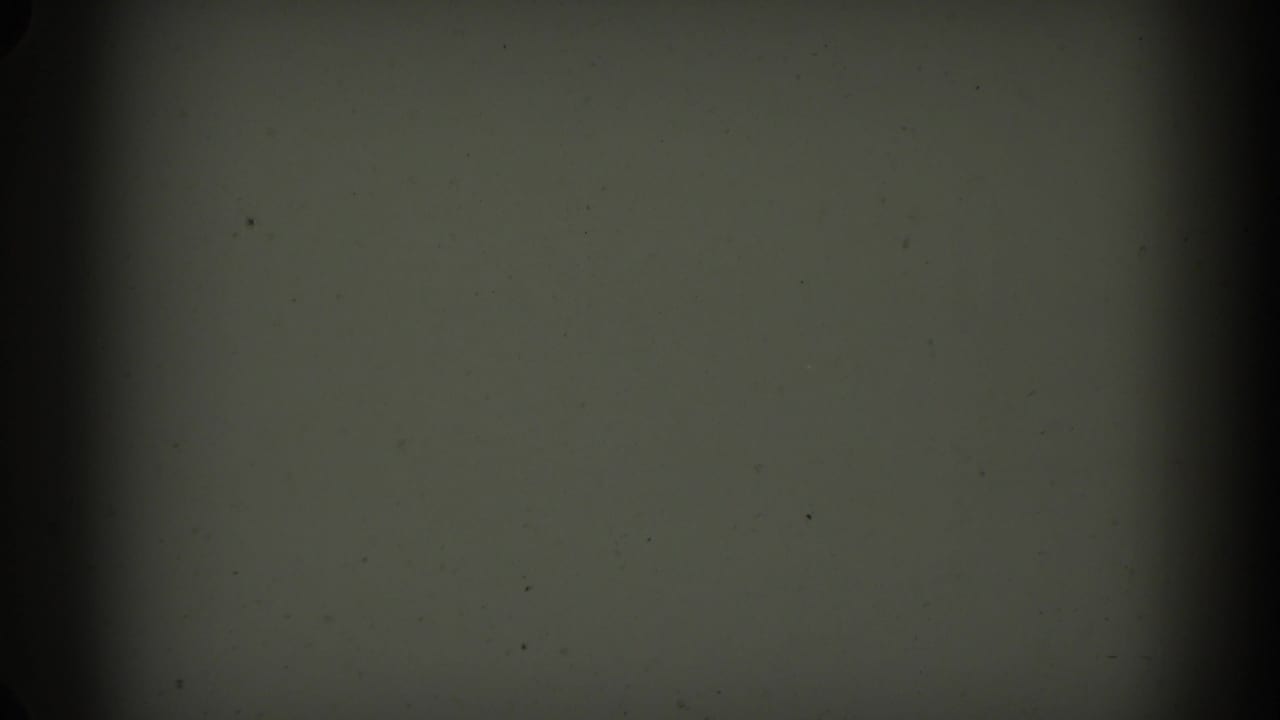 Dim gray film surface with a wide dark vertical stripe and faint dust marks.