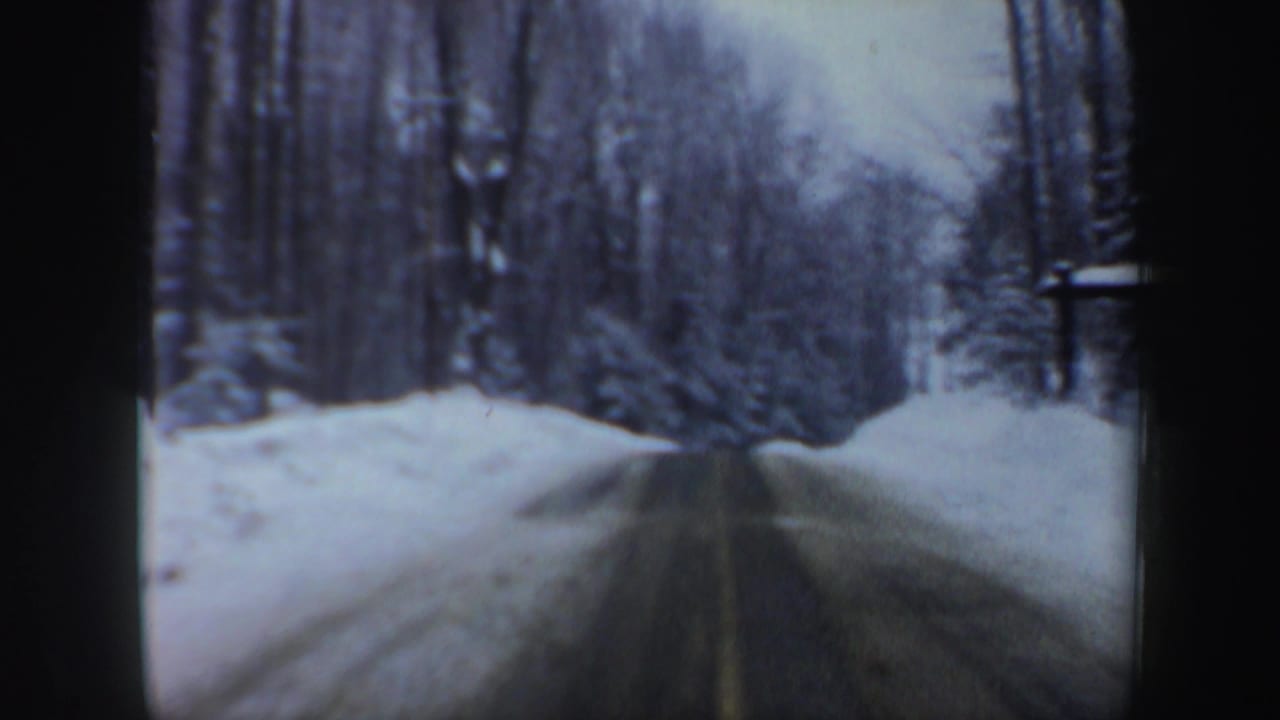 Plowed winter road running between high snowbanks and bare trees.