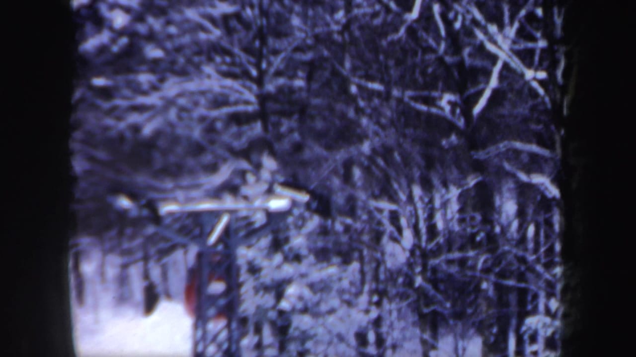 Red cable car on an overhead line moving among snow-covered trees.