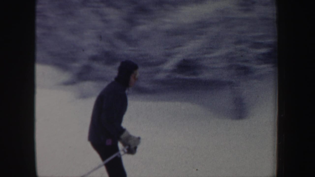 Skier in a dark hooded jacket holding poles on a snowy hill.