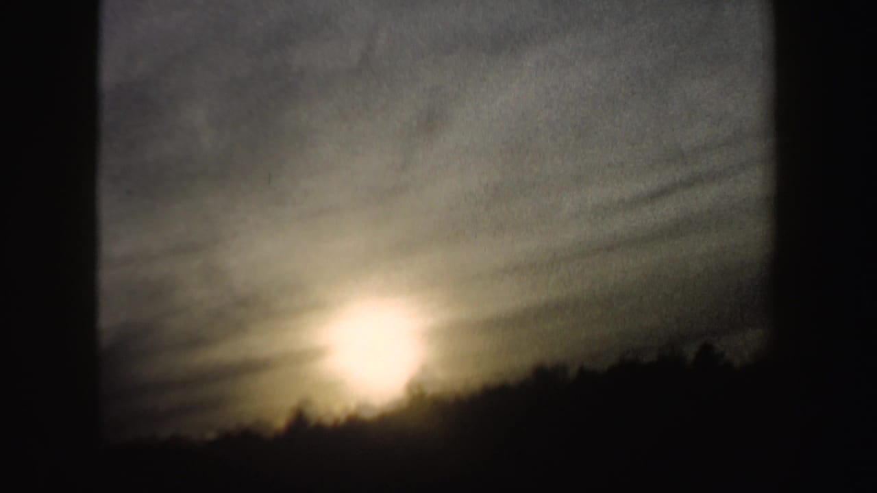 Low sun glowing through clouds above a dark treeline.