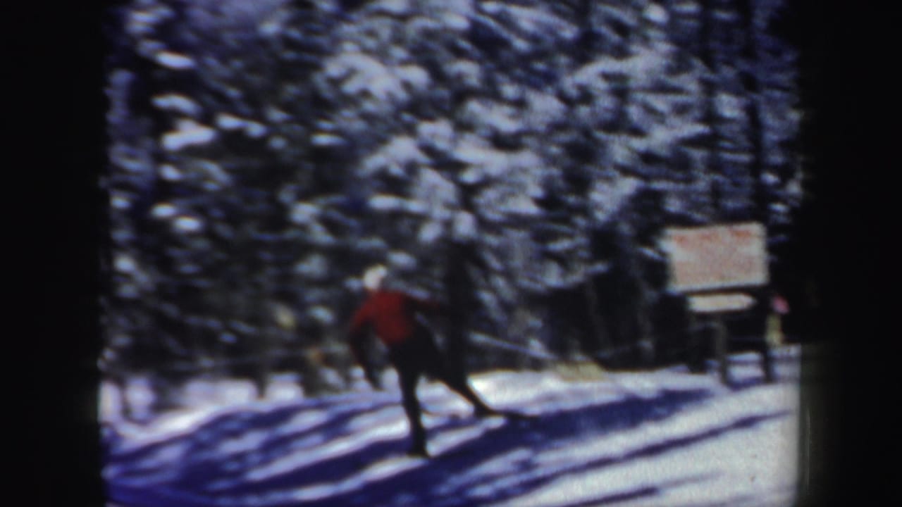 Skier in a red jacket moving along a snowy wooded trail near a sign.
