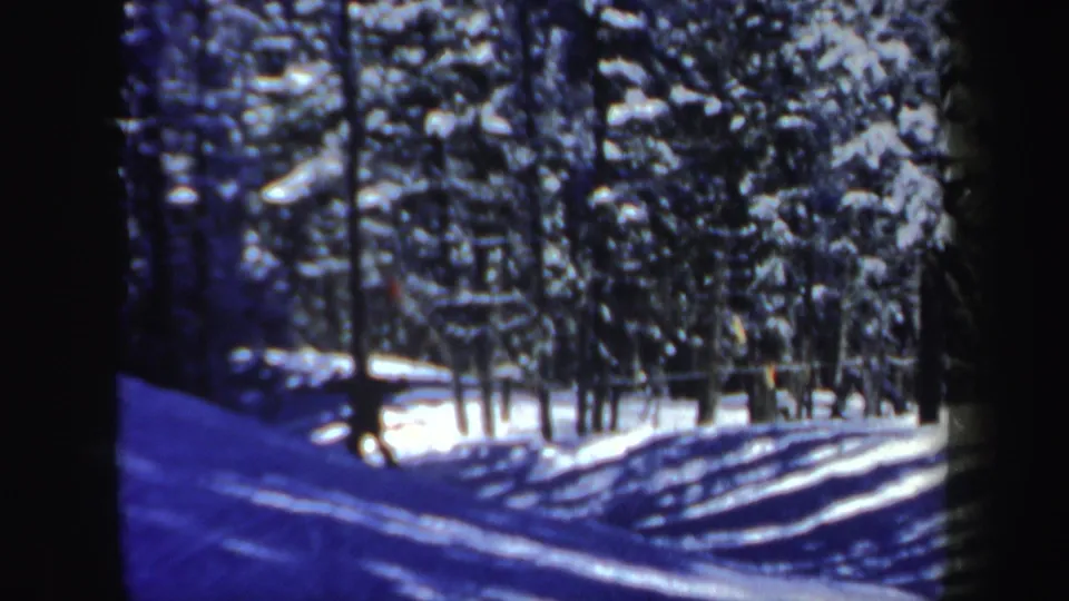 A snow-covered New Hampshire forest trail appears in blue winter shadow, framed by tall evergreens and 8mm film edges.