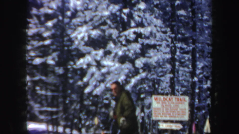 In 1962 New Hampshire footage, a man skis past a Wildcat Trail sign among snow-covered evergreens.