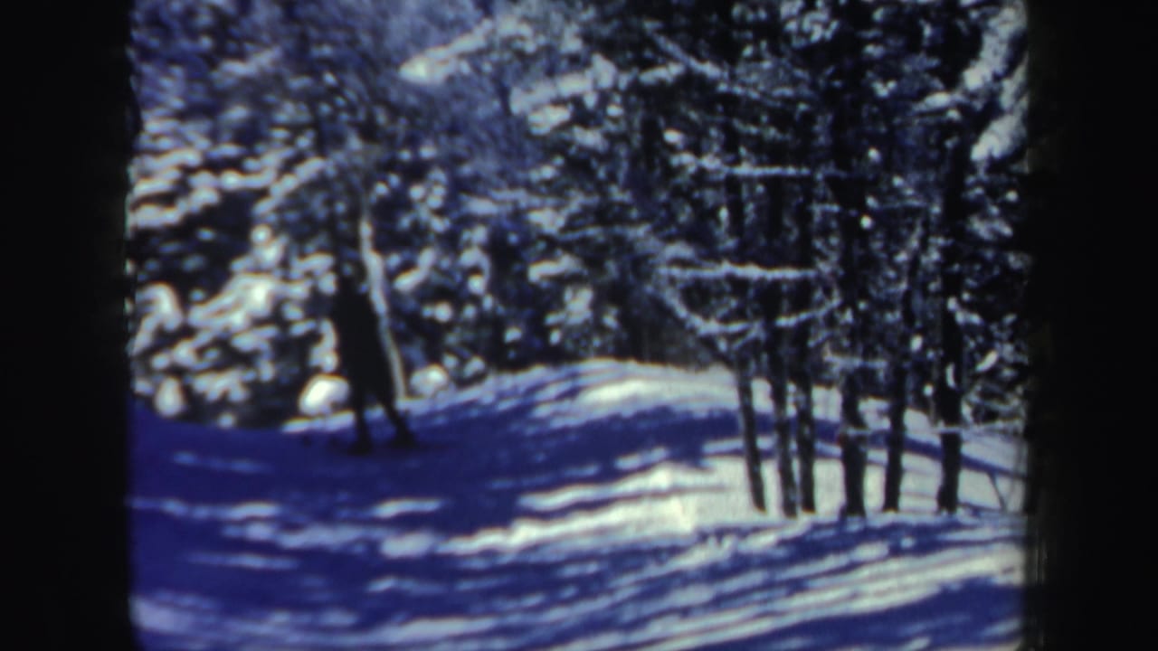 The skier is no longer prominent as the home-movie camera holds on the snowy wooded downhill trail in New Hampshire.