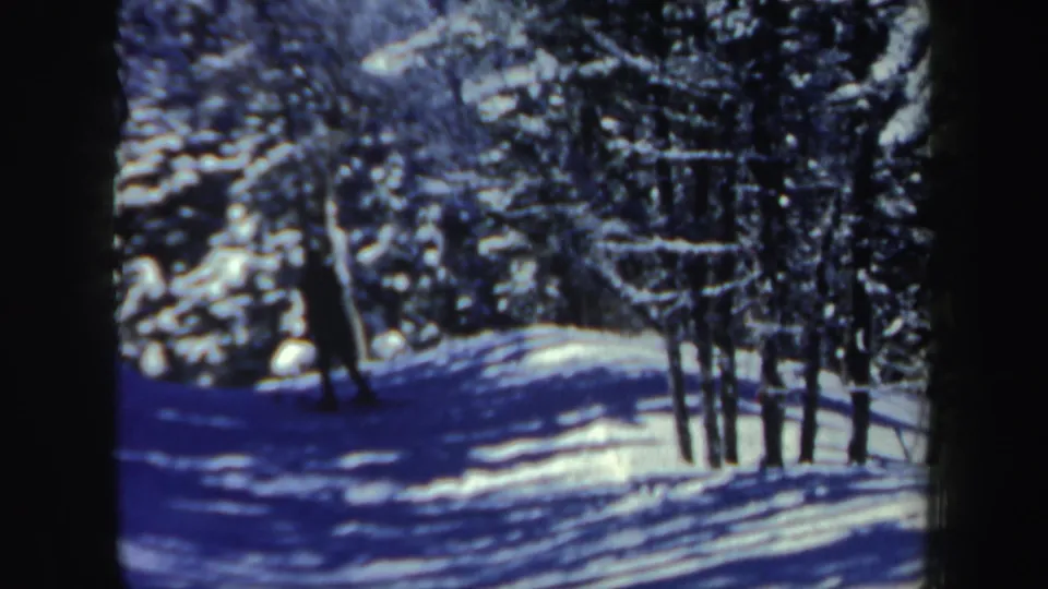 The skier is no longer prominent as the home-movie camera holds on the snowy wooded downhill trail in New Hampshire.