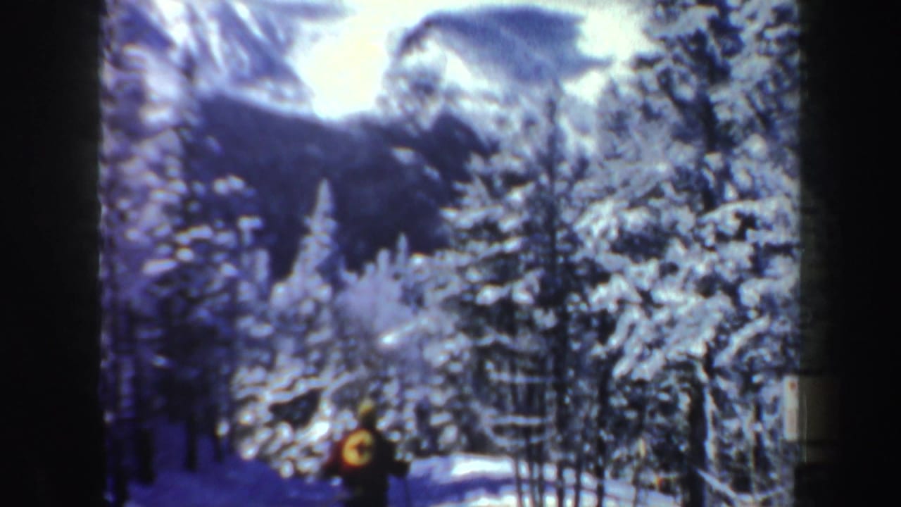 Distant skier in a brown jacket moves through a snowy New Hampshire forest in this 1962 8mm home-movie frame.