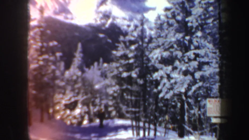 Late-frame 8mm view of a distant skier in a snowy New Hampshire forest with visible grain and warm color shift.