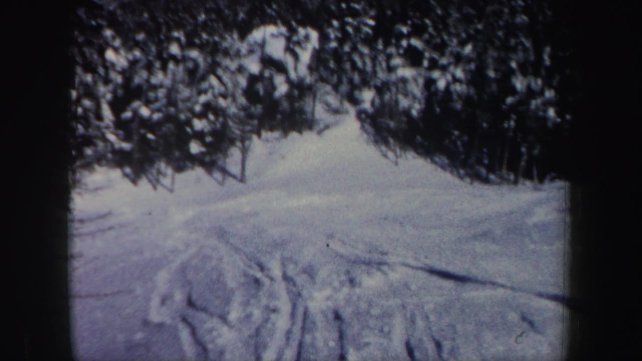 1962 New Hampshire 8mm frame of a snowy ski slope marked by tracks and bordered by evergreen trees.