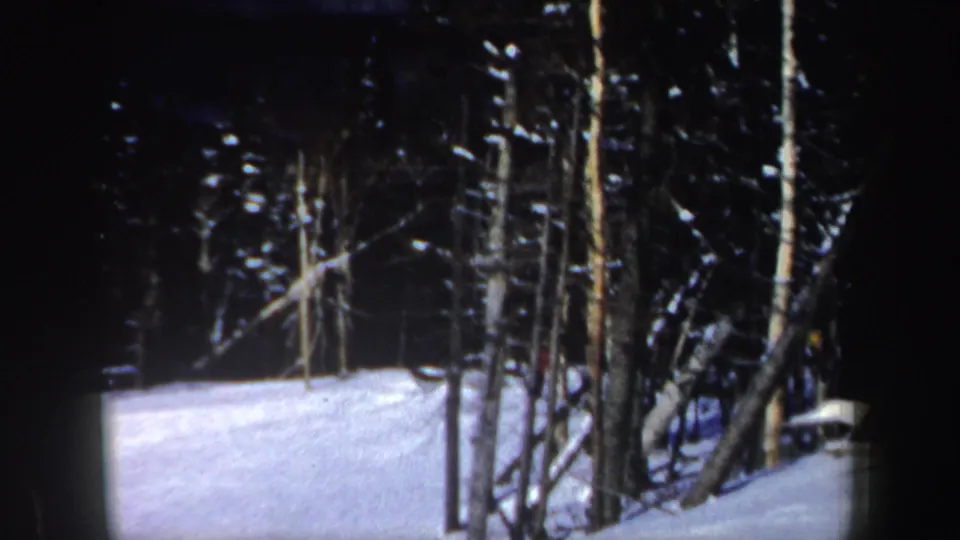 1962 New Hampshire 8mm frame of a snow-covered ski slope and dark trees, with the skier no longer clearly visible.