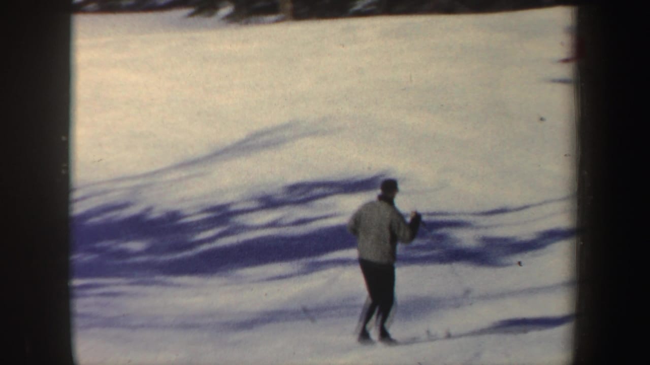 A skier in a light jacket moves across a bright snowy slope with tree shadows.