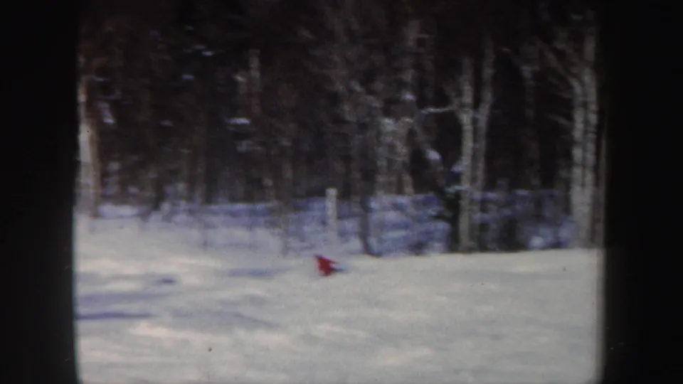 1962 New Hampshire home-movie frame of a red-clad skier moving downhill across a snow-covered wooded slope.