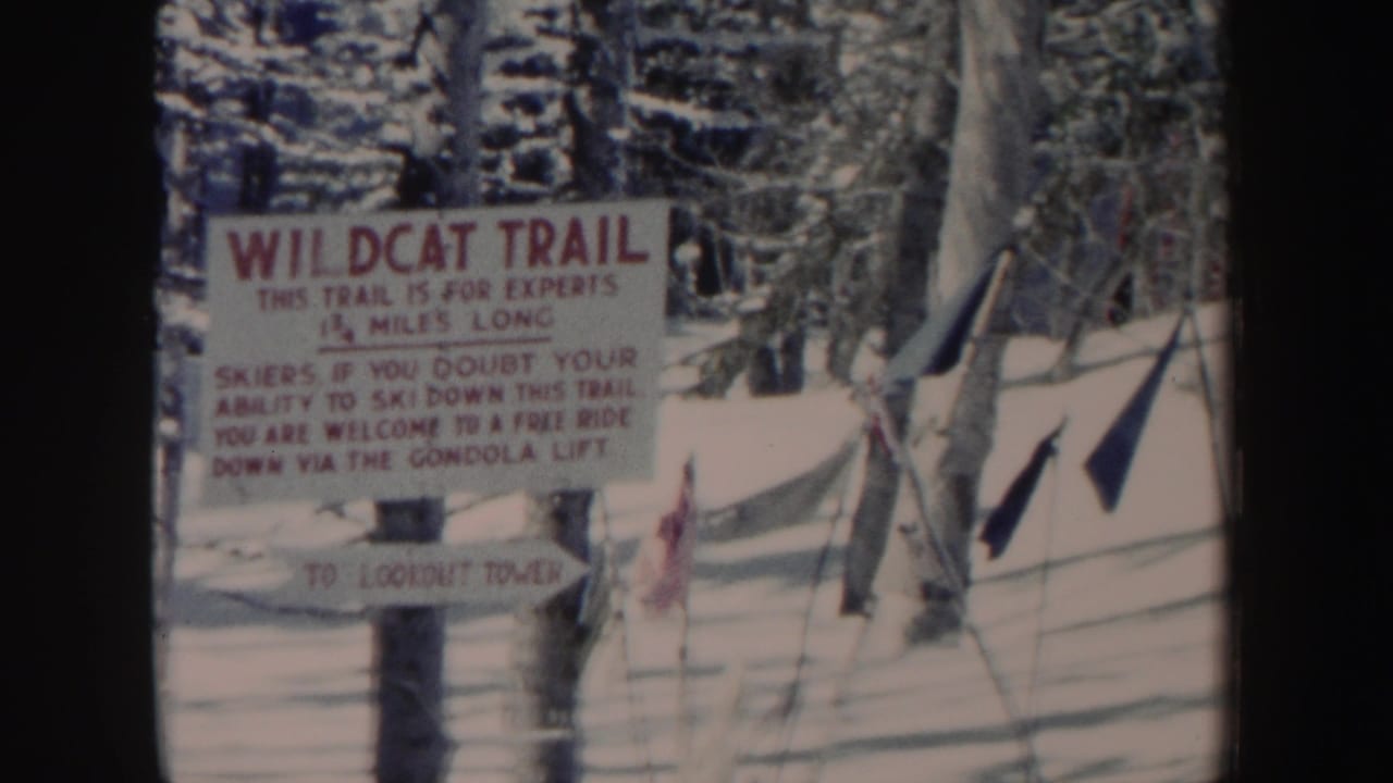 1962 New Hampshire ski-trail sign frame showing expert warning text, trail flags, and snow-covered woods.