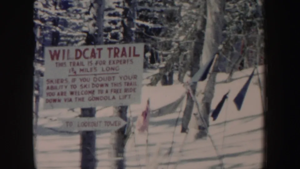 1962 New Hampshire ski-trail sign frame showing expert warning text, trail flags, and snow-covered woods.