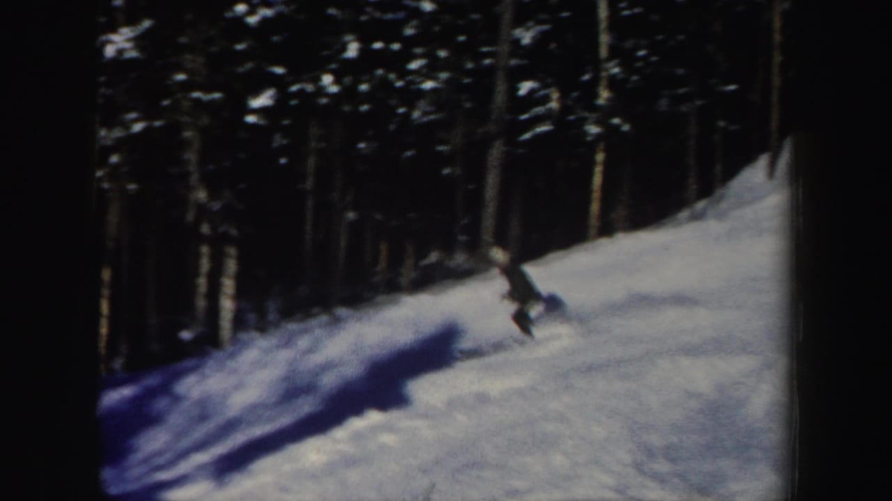 The skier continues downhill across a sunlit snowy slope bordered by dense New Hampshire woods.