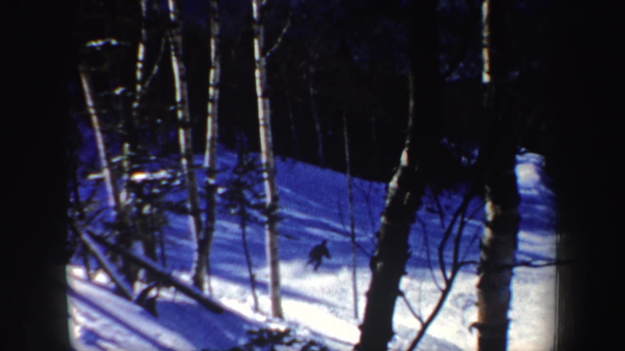 1962 New Hampshire 8mm frame with a lone skier crossing a sunlit patch of snow in a wooded hillside scene.