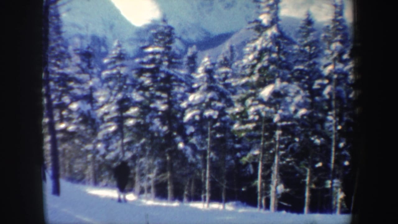 1962 New Hampshire 8mm frame showing a small skier near the bottom of a snowy wooded slope, with evergreens and mountains beyond.