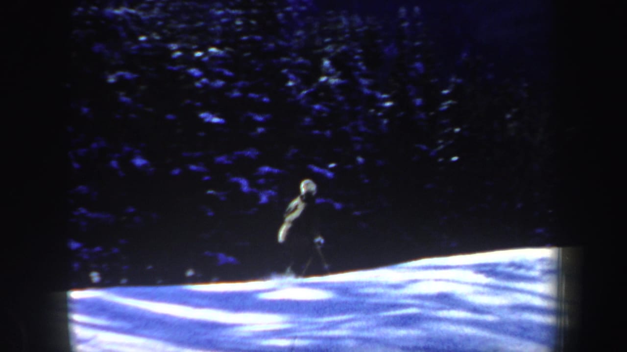A distant skier in dark clothing and a light hat moves across a snowy New Hampshire forest slope in 1962 home-movie footage.