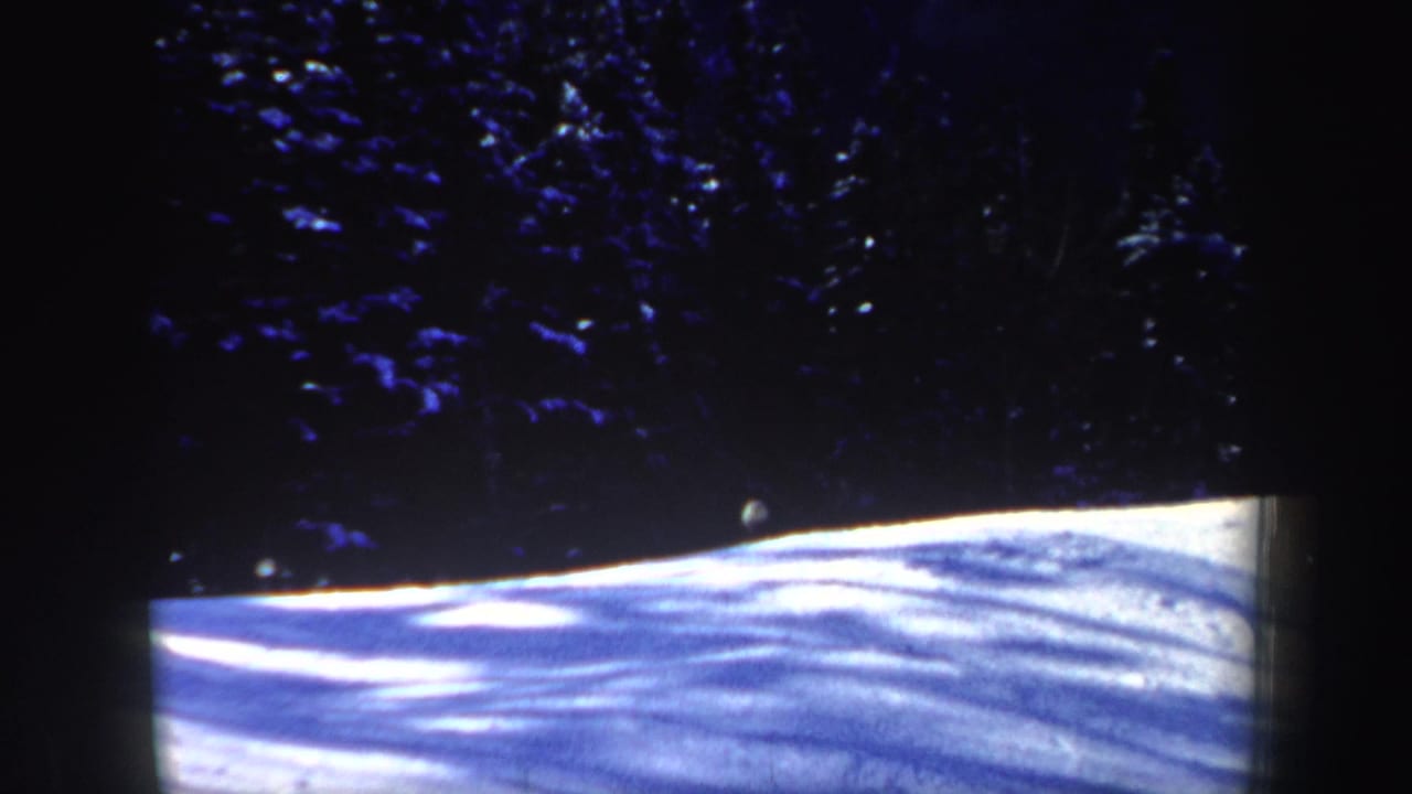 A dim 8mm frame of a snow-covered slope below shadowed evergreens, with the skier barely visible near the tree line.