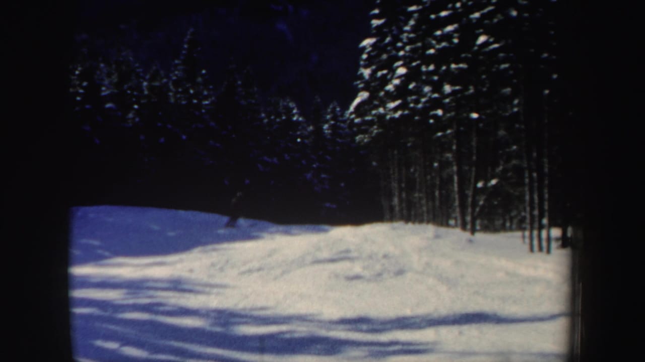 Home-movie frame from New Hampshire in 1962 showing a distant skier on a sunlit snowfield below dark evergreen trees.