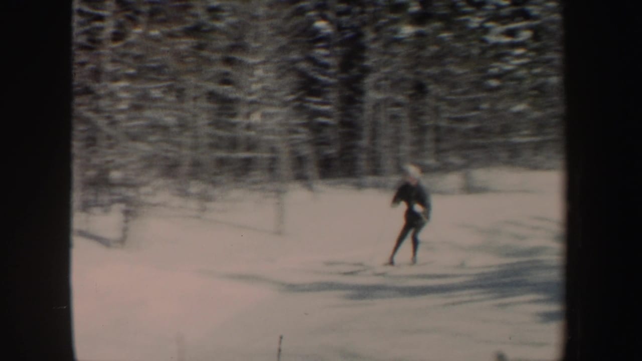 A closer frame shows the skier in dark winter clothing moving across snow with wooded terrain behind.