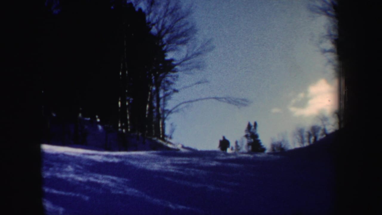 A distant skier crosses a blue-shadowed snowy hill in wooded New Hampshire, with bare trees framing the slope.