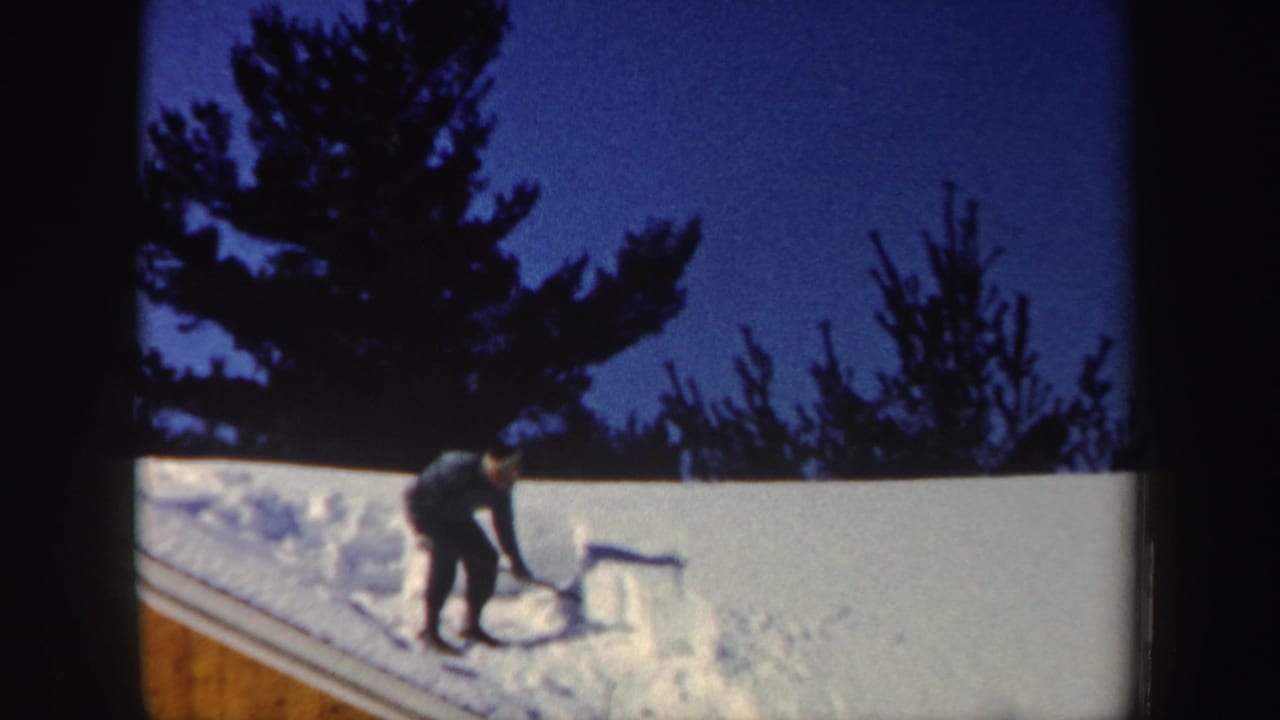 Man shoveling snow on a sloped roof beneath dark trees at twilight.