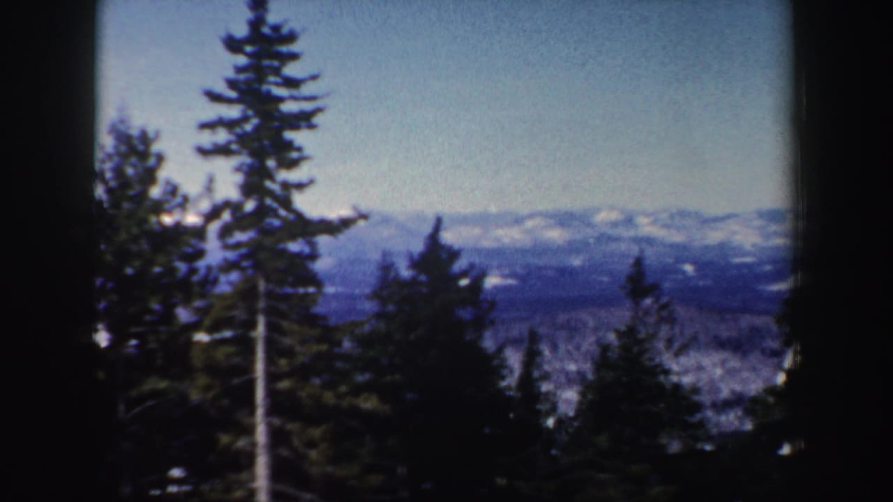 1962 New Hampshire 8mm frame showing tall conifers, dark forest foreground, and hazy snow-covered ridges beyond.