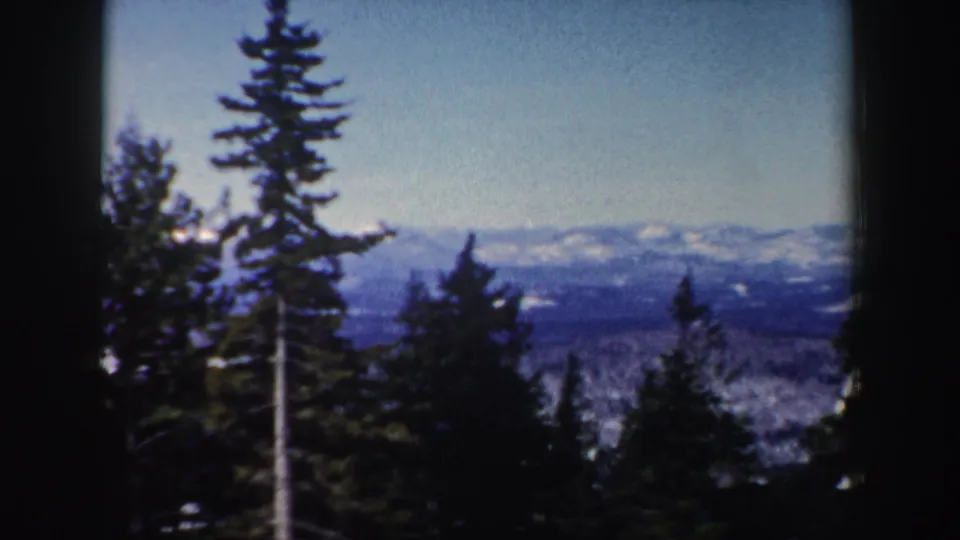 1962 New Hampshire 8mm frame showing tall conifers, dark forest foreground, and hazy snow-covered ridges beyond.