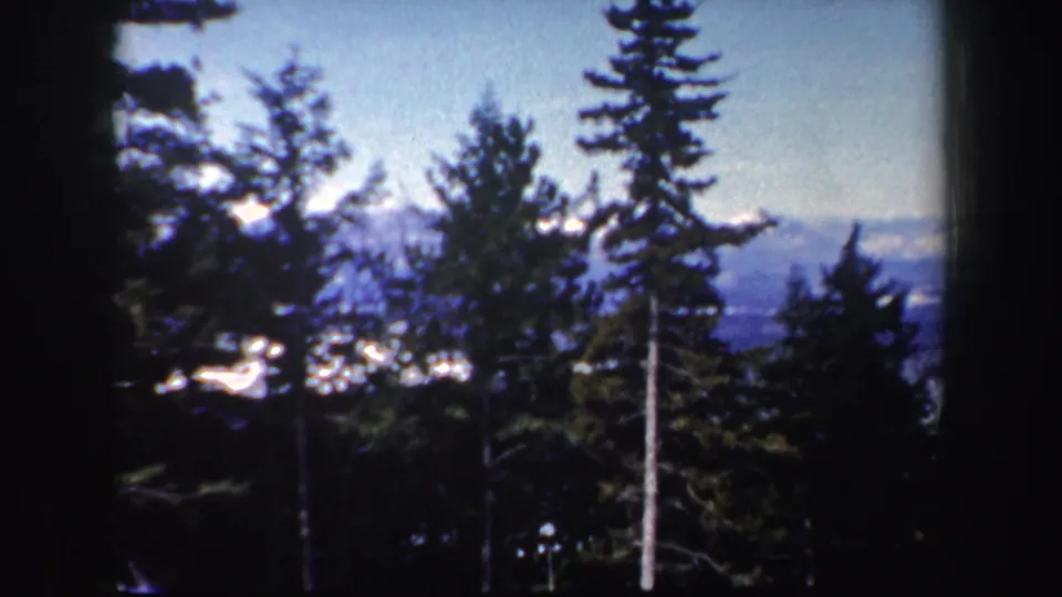 New Hampshire 1962 8mm frame showing evergreens silhouetted against distant snowy hills before the skiing action.