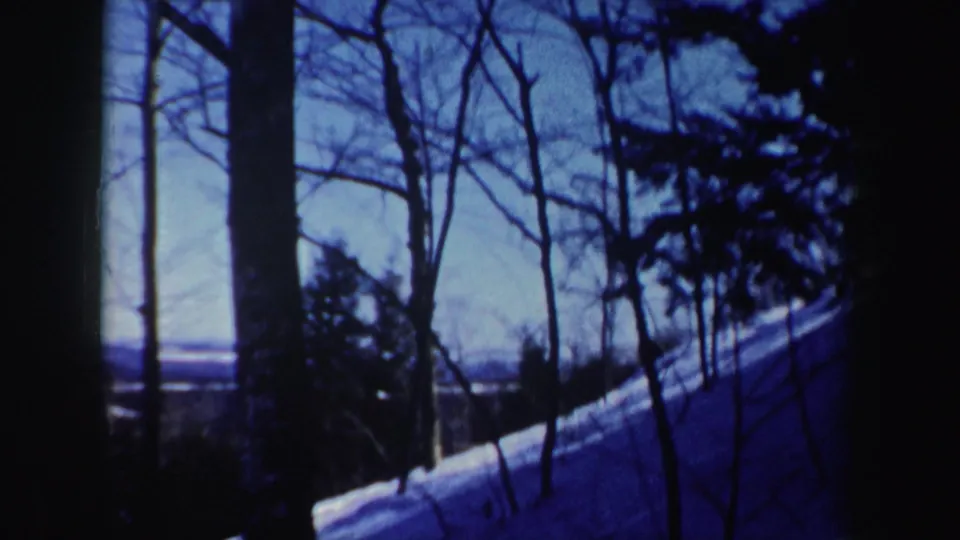 The camera shifts to a wooded New Hampshire winter hillside, showing snowbanks, bare trunks, blue sky, and a distant view.