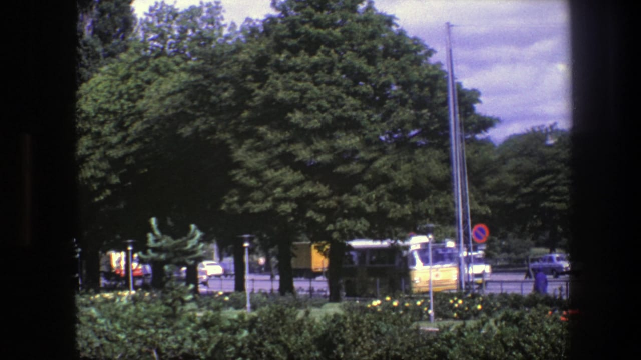Urban street with trees, hedges, traffic signs, cars, and a bus beyond a dark vertical frame.