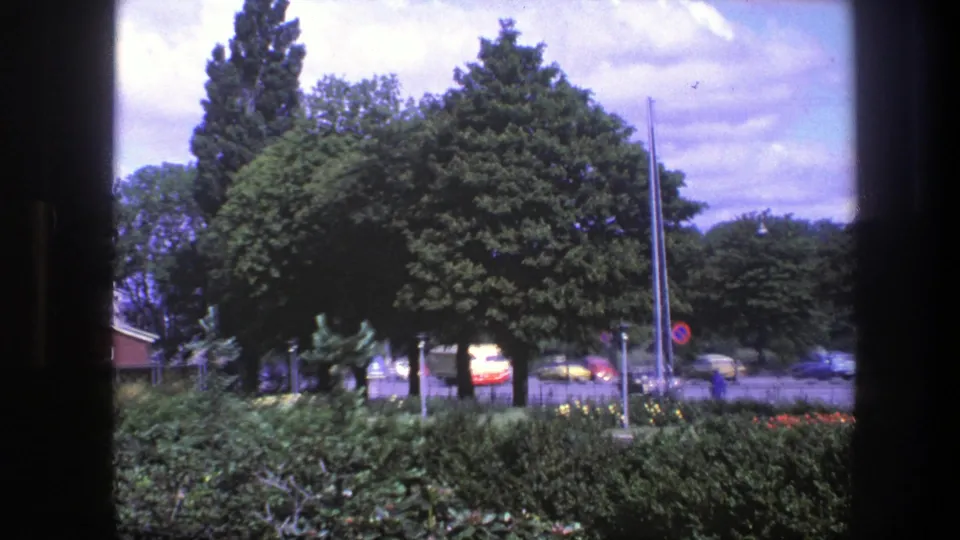 1975 Copenhagen street scene with hedges and flowers in front, leafy trees, a flagpole, cars, traffic signage, and small distant pedestrians.