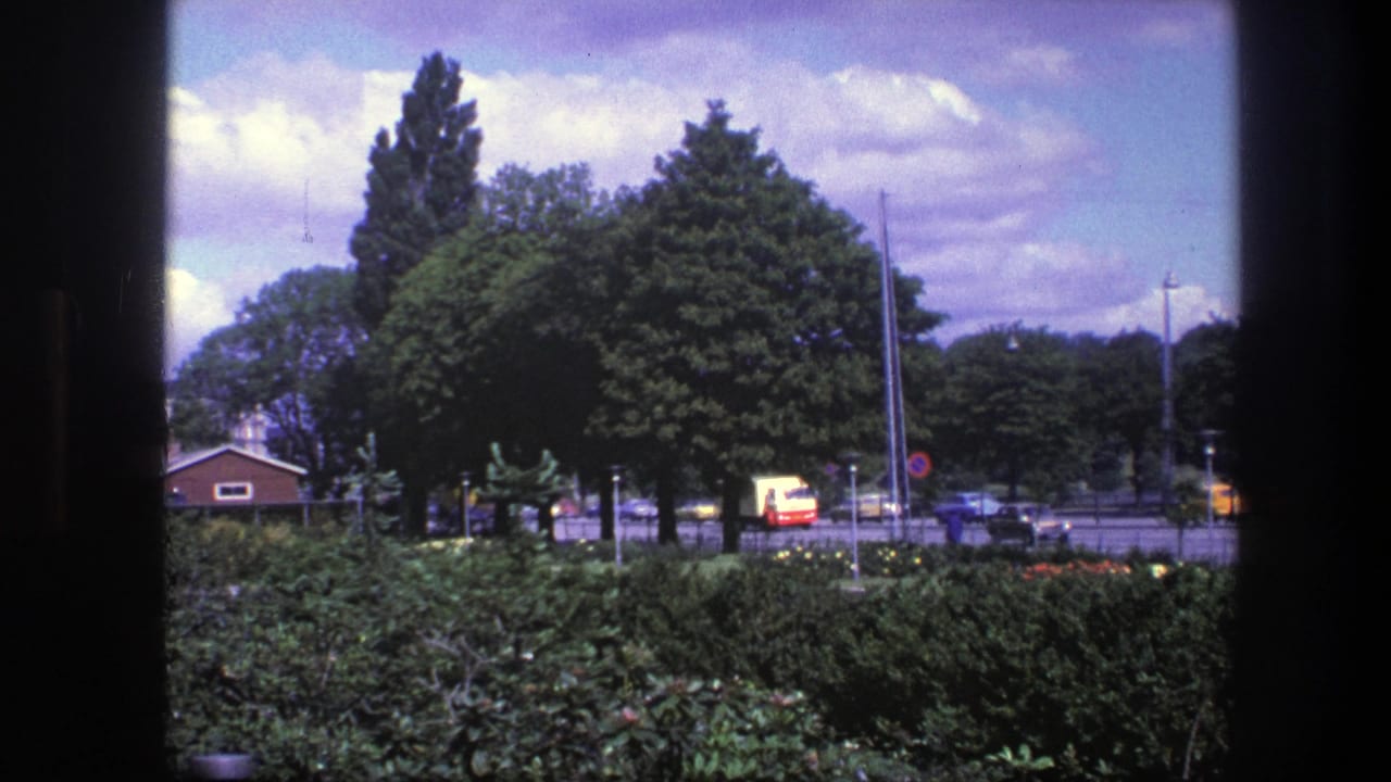 1975 8mm view from greenery in Copenhagen toward a street with mature trees, parked cars, and a yellow vehicle under clouded sky.
