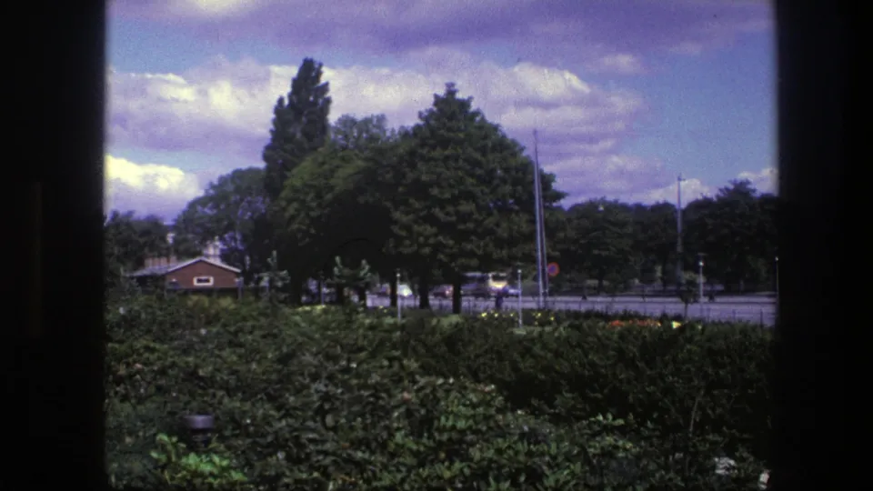 Copenhagen city-edge park view from 1975, with greenery in front and period cars and a yellow bus on the street behind.