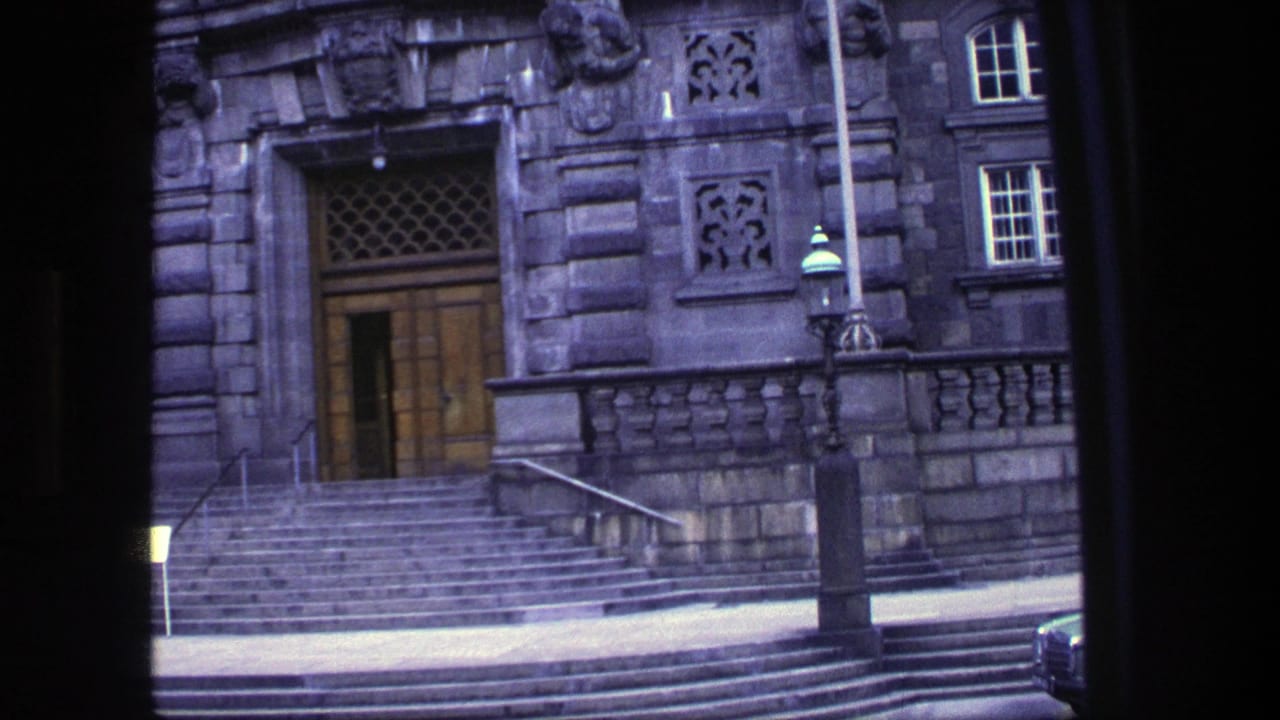 Historic stone building entrance with steps, carved facade, windows and a streetlamp.