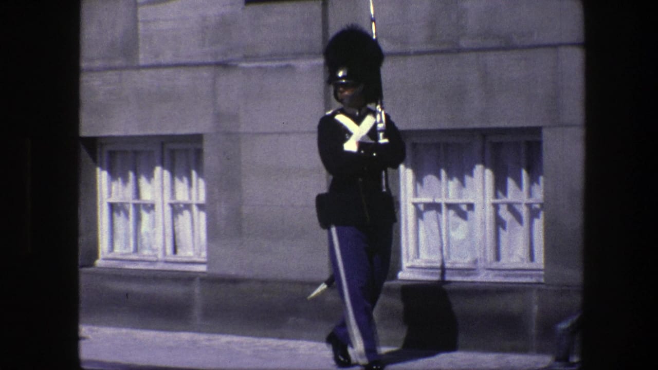 Ceremonial soldier marches past a stone wall with curtained windows.