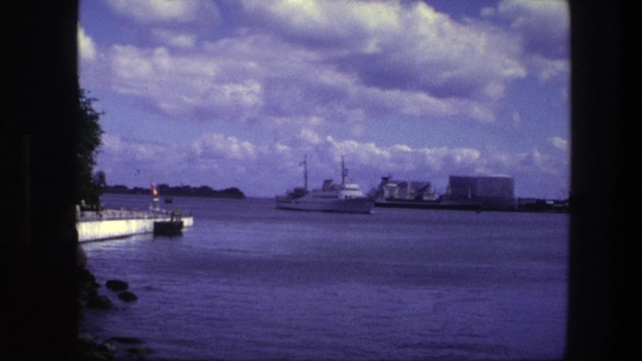 Motorboat farther across the harbor with pier, trees, clouds, and shoreline buildings.