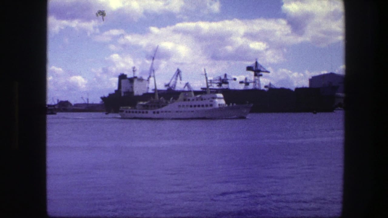 Passenger ship farther across the water with port cranes and clouds in the background.
