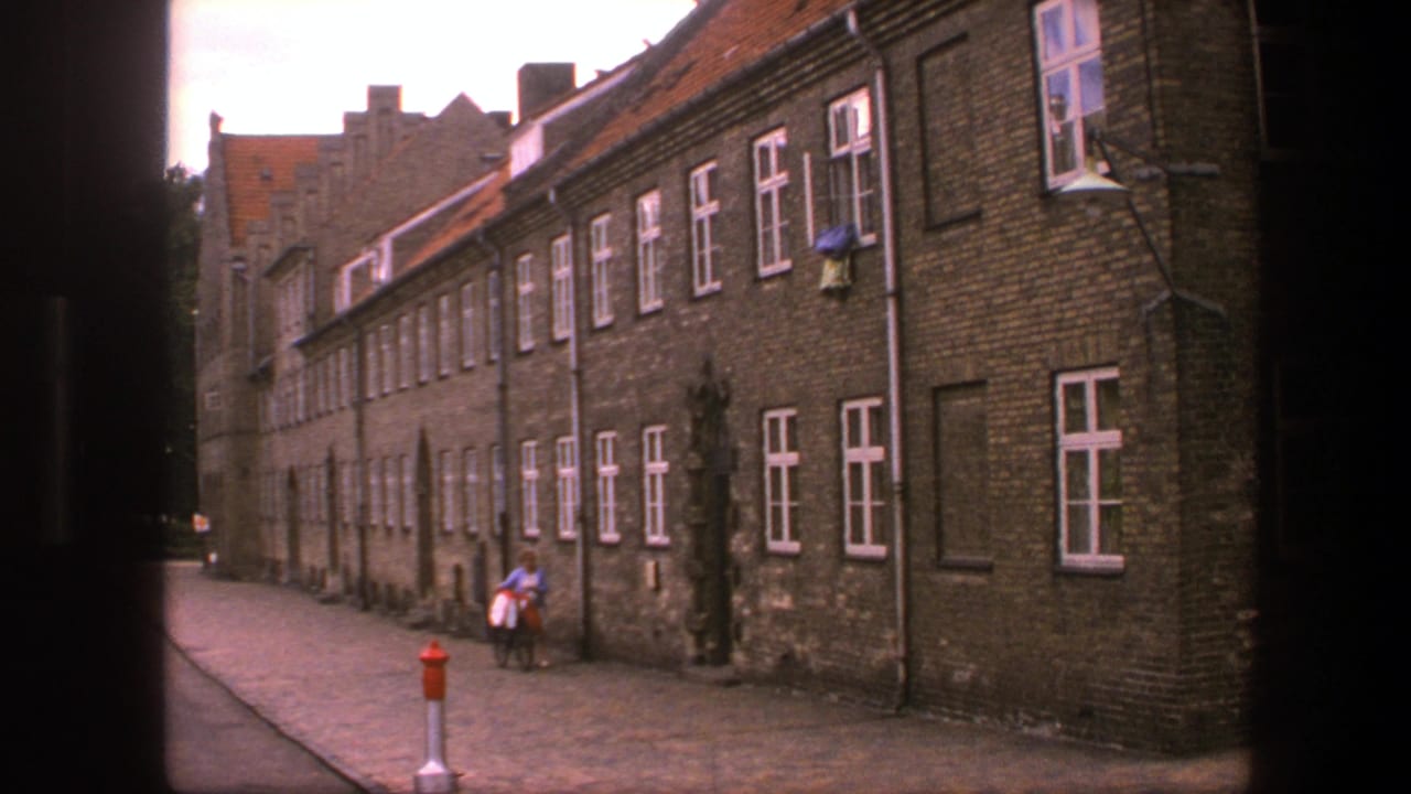 Brick street scene with a person pushing a bicycle beside a long building.