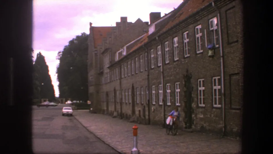 Copenhagen street frame with a lone bicycle walker, red hydrant or bollard, trees, and cars beyond the historic brick facade.