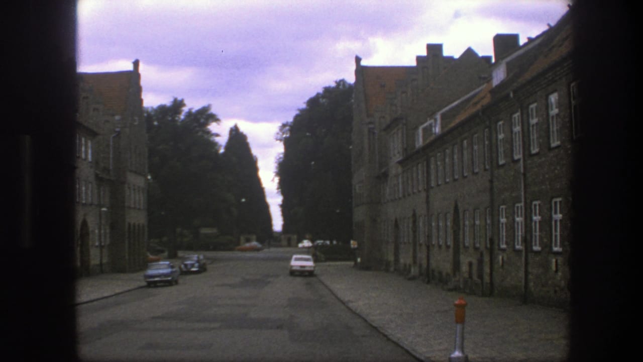 1975 Copenhagen street seen through a dark frame, with stone buildings, cobblestones, parked cars, and trees beyond.