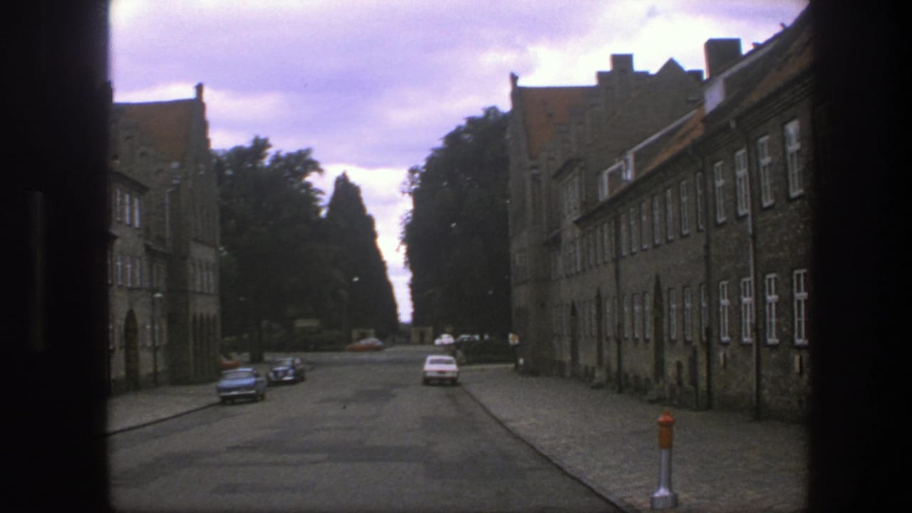 Parked cars line a street between large masonry buildings under a cloudy sky.