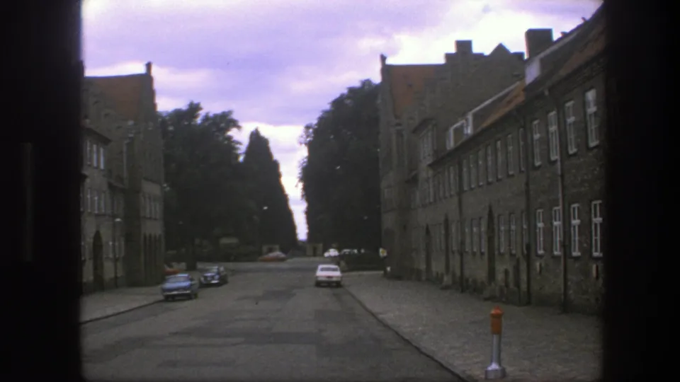 Copenhagen street view with large masonry buildings, period parked cars, cobblestones, trees, and cloudy sky.