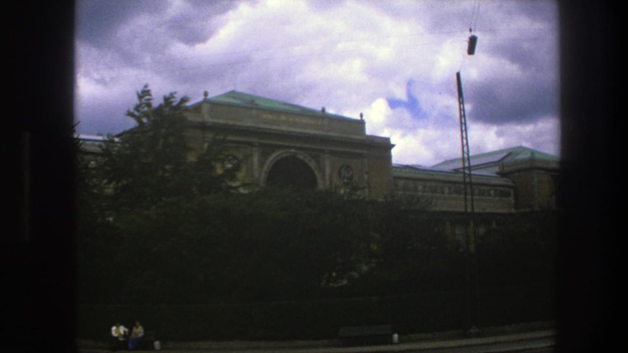 Classical building with an arched entrance partly obscured by trees and a dark window frame.