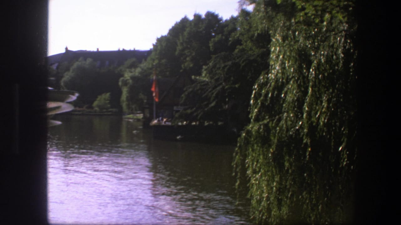 1975 Copenhagen home-movie frame showing a lagoon, dense trees, a weeping willow, and distant buildings across the water.