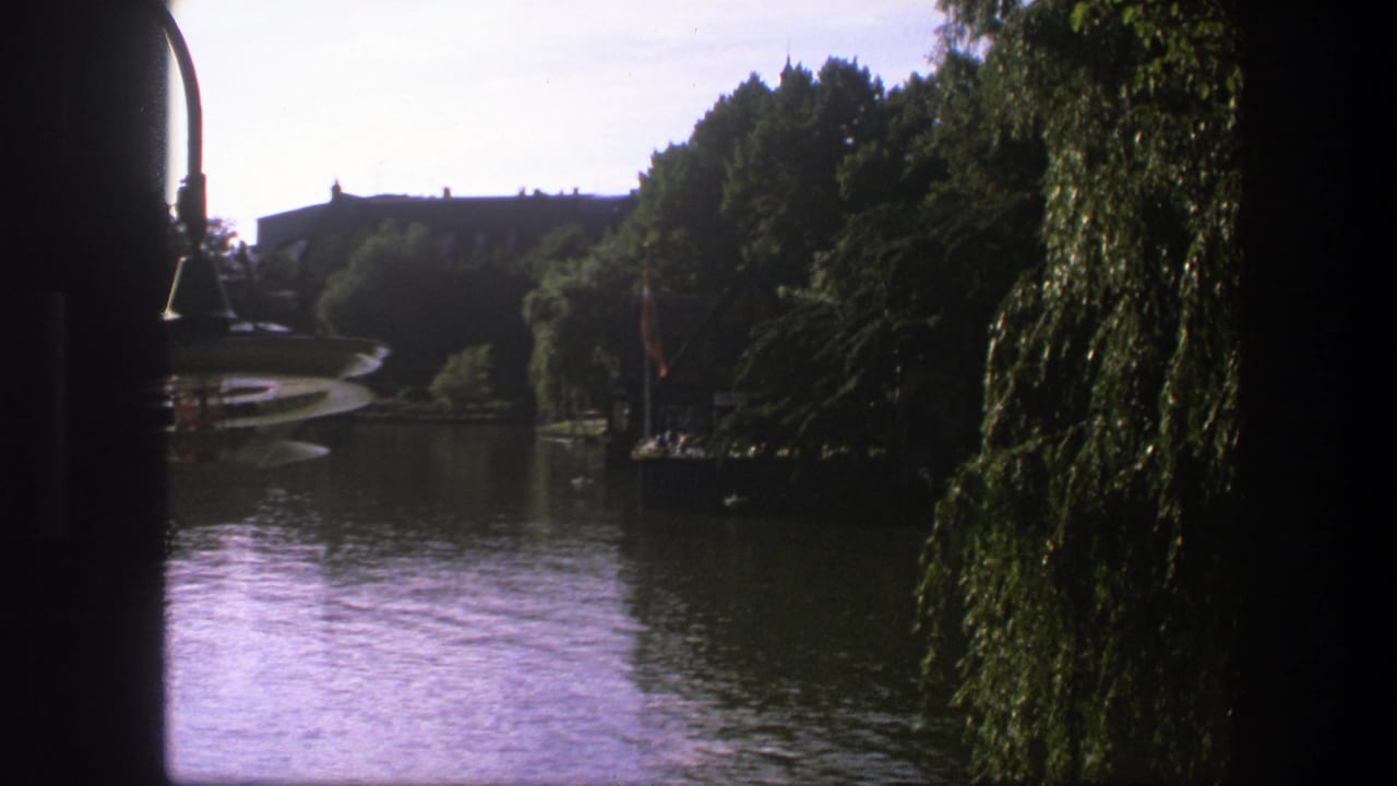 1975 Copenhagen frame of rippling lagoon water beneath a tree line, with willow branches and distant buildings in view.