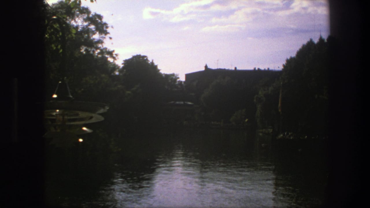Water and trees seen from shade, with a small pavilion-like structure near the bank.